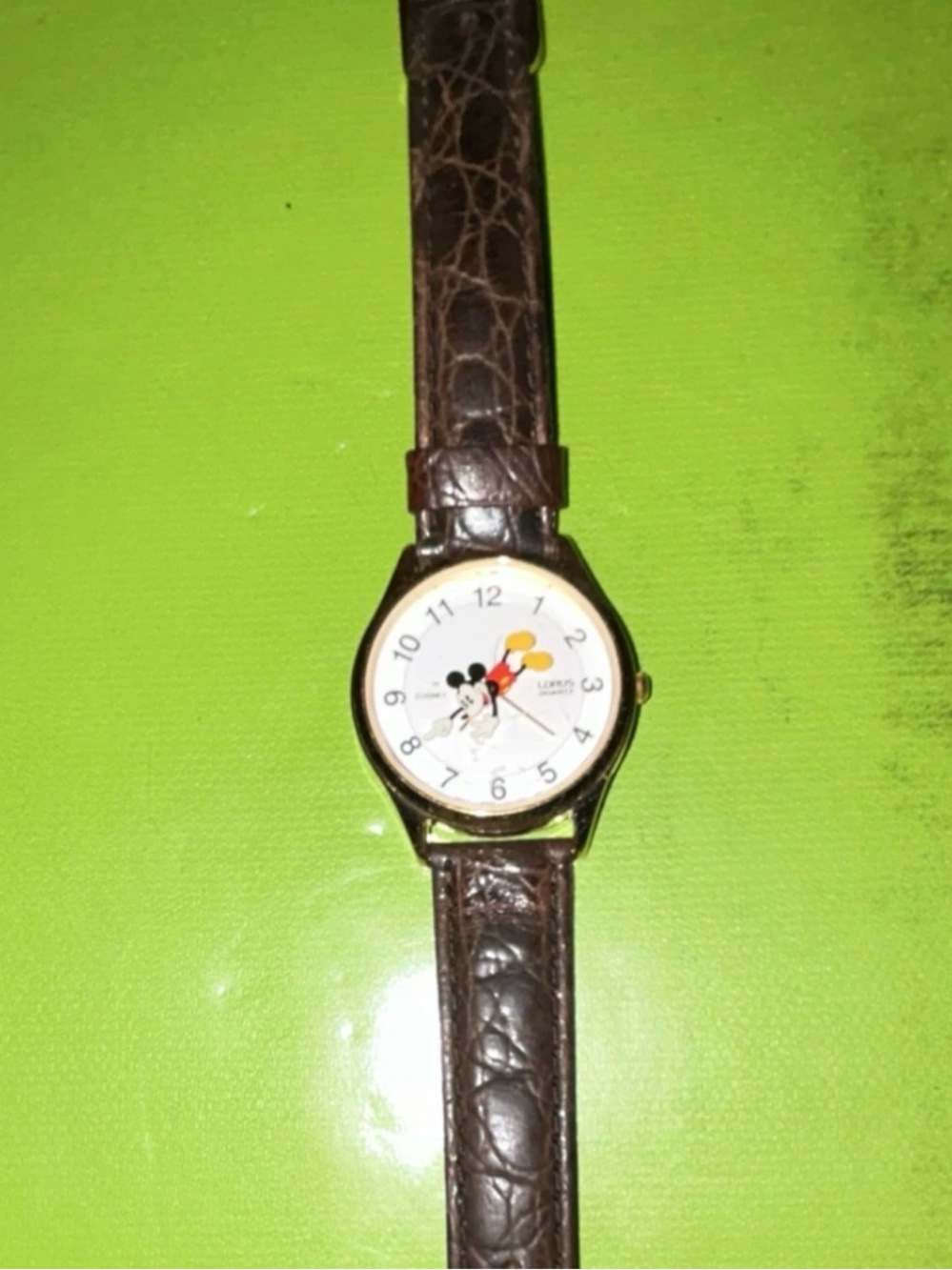 Disney Brown Leather Strap Mickey Mouse Watch with Gold-Tone Case